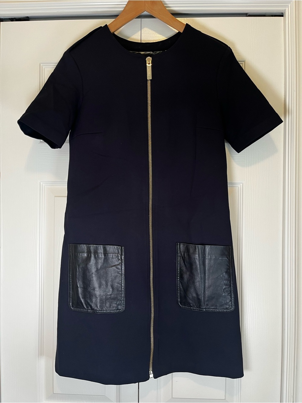 Authentic Burberry London Navy Zip Up Dress with Leather Pockets M